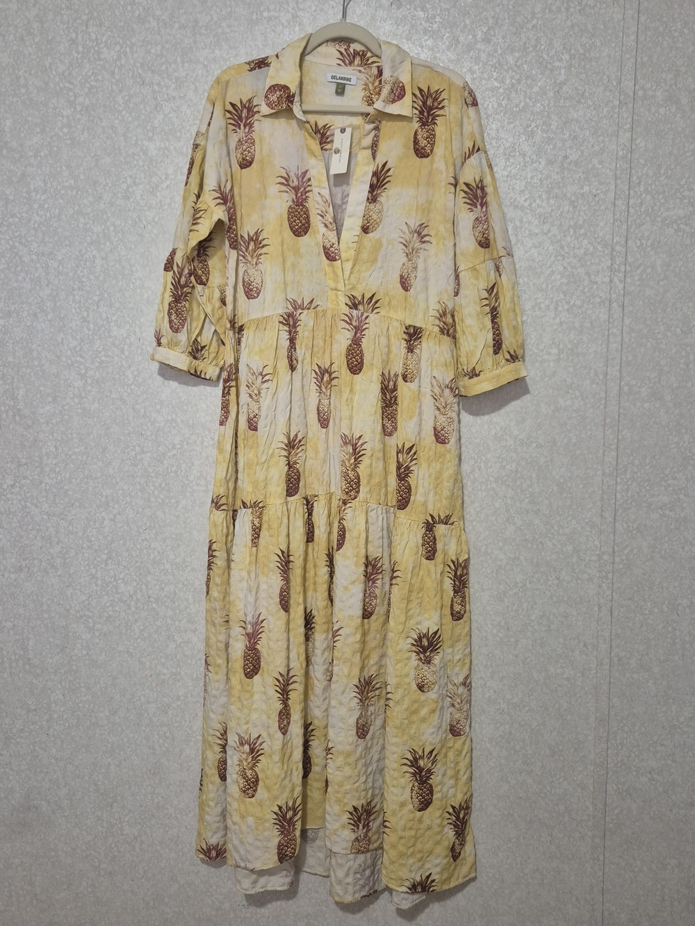 NWT Anthropologie-Carolita Yellow Pineapple-Print Tiered Maxi Dress-Size:M